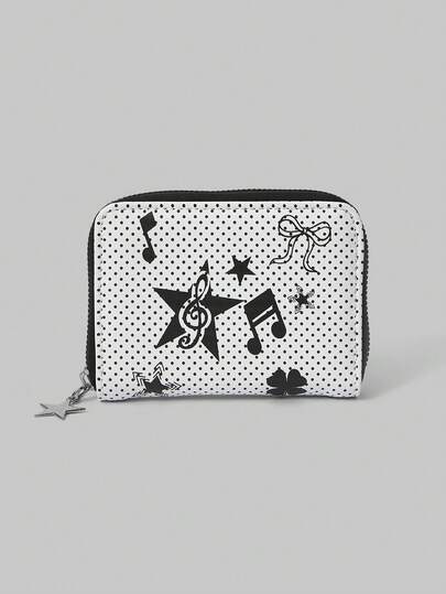 Anime 1 pièce Porte-cartes multicouche imprimé de pois et de notes de musique, porte-monnaie compact et mignon