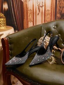CUCCOO TILAWA Pointed Toe Rhinestone Elegant Hollow Out Fashion Versatile Closed Toe Mule High Heels - Black - View 1