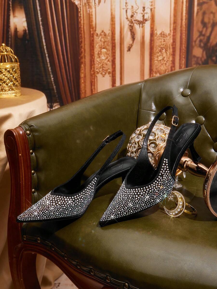 CUCCOO TILAWA Pointed Toe Rhinestone Elegant Hollow Out Fashion Versatile Closed Toe Mule High Heels - Black - View 1