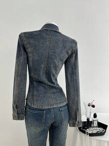 Elamini Women's Casual Washed Denim Jacket With Waist Cinching - Blue - View 2