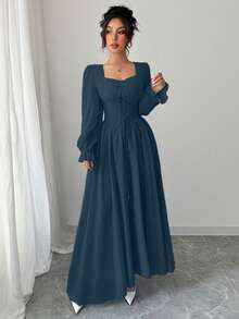 Modelyn 优雅纯色甜心领长袖束腰连衣裙，法式时尚 - 水鴨藍 - 查看 4