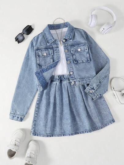 Tween Girls Y2K Style 2pcs Set, Tween GirlsDenim Outfit, Spring/Summer & Autumn, Retro Light Blue Denim Color, Oversized Pockets Denim Jacket Paired With Fitted Denim Skirt, Soft & Comfortable Fabric, Fashionable & Versatile