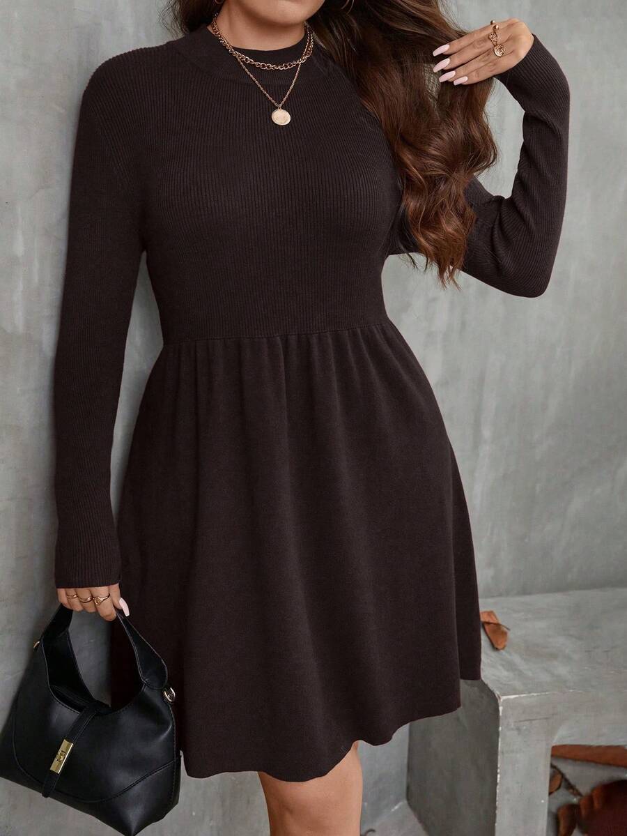 SHEIN LUNE Plus Size Solid Color Round Neck Fitted Casual Versatile Long Sleeve Sweater Dress - Coffee Brown - View 1
