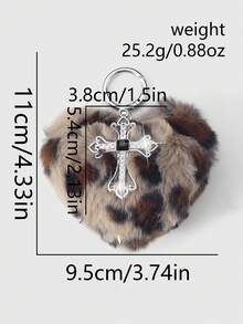 ROMWE Kawaii 1pc Y2K Retro Punk Goth Style Brown Faux Fur Leopard Print Rivet 3D Heart Cross Pendant Keychain, Suitable For Women, Daily Wear Or Gift, Halloween