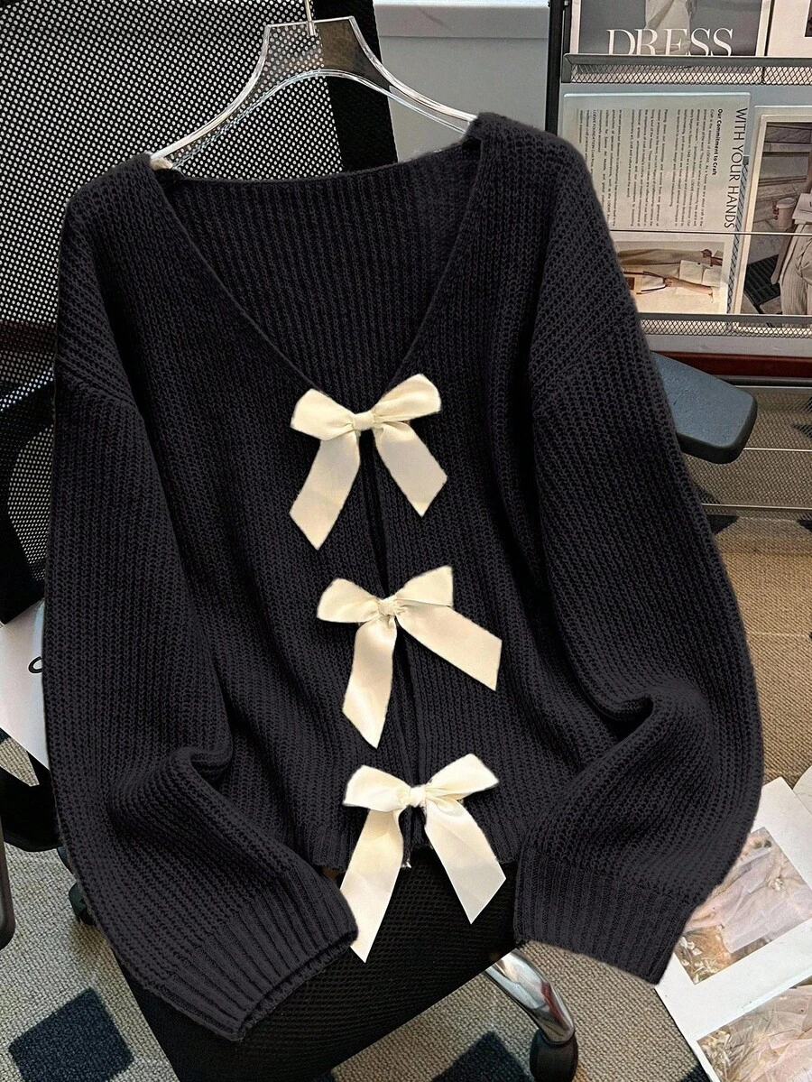 Franclia Bow Decor V-Neck Ribbed Casual Long Sleeve Sweater, Christmas - Black - View 1