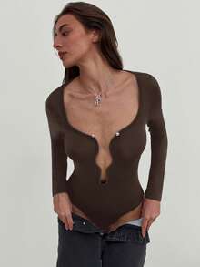 Aloruh Modern Deep V-Neck Bodysuit - Coffee Brown - View 4