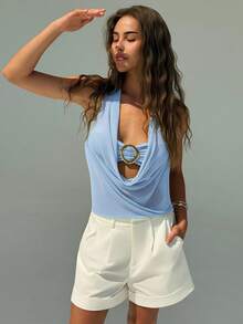 Aloruh 全新性感半透明低胸露背上衣，金属装饰 - 藍色 - 查看 5