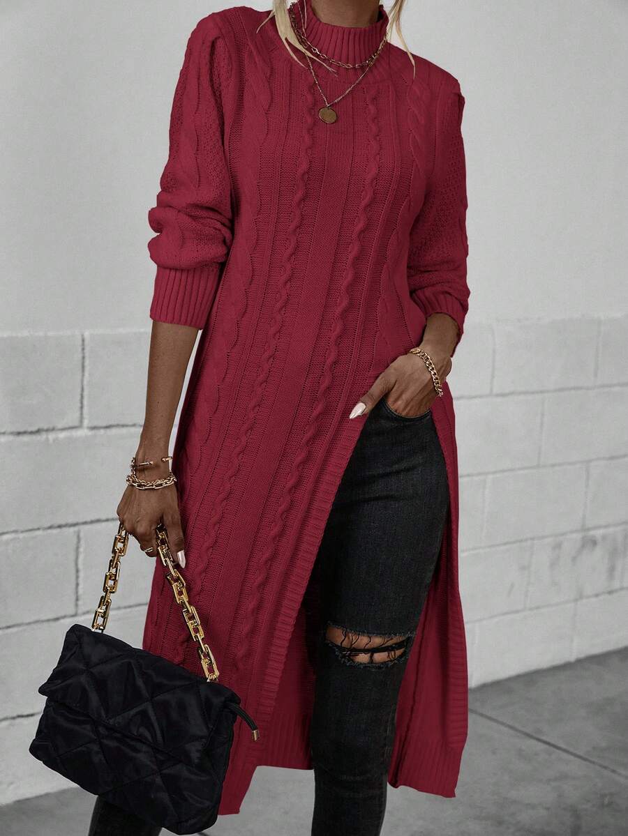 EMERY ROSE 休闲纯色立领高开衩毛衣，秋冬 - 酒紅色 - 查看 1