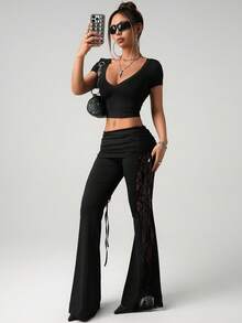 SHEIN ICON Plus Size Women's Black Lace Side Splice Vacation Sexy Waist Drawstring Flare Pants - Black - View 5