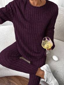SHEIN Frenchy 落肩罗纹针织T恤和紧身裤纹理面料两件套 - 中紫紅色 - 查看 4