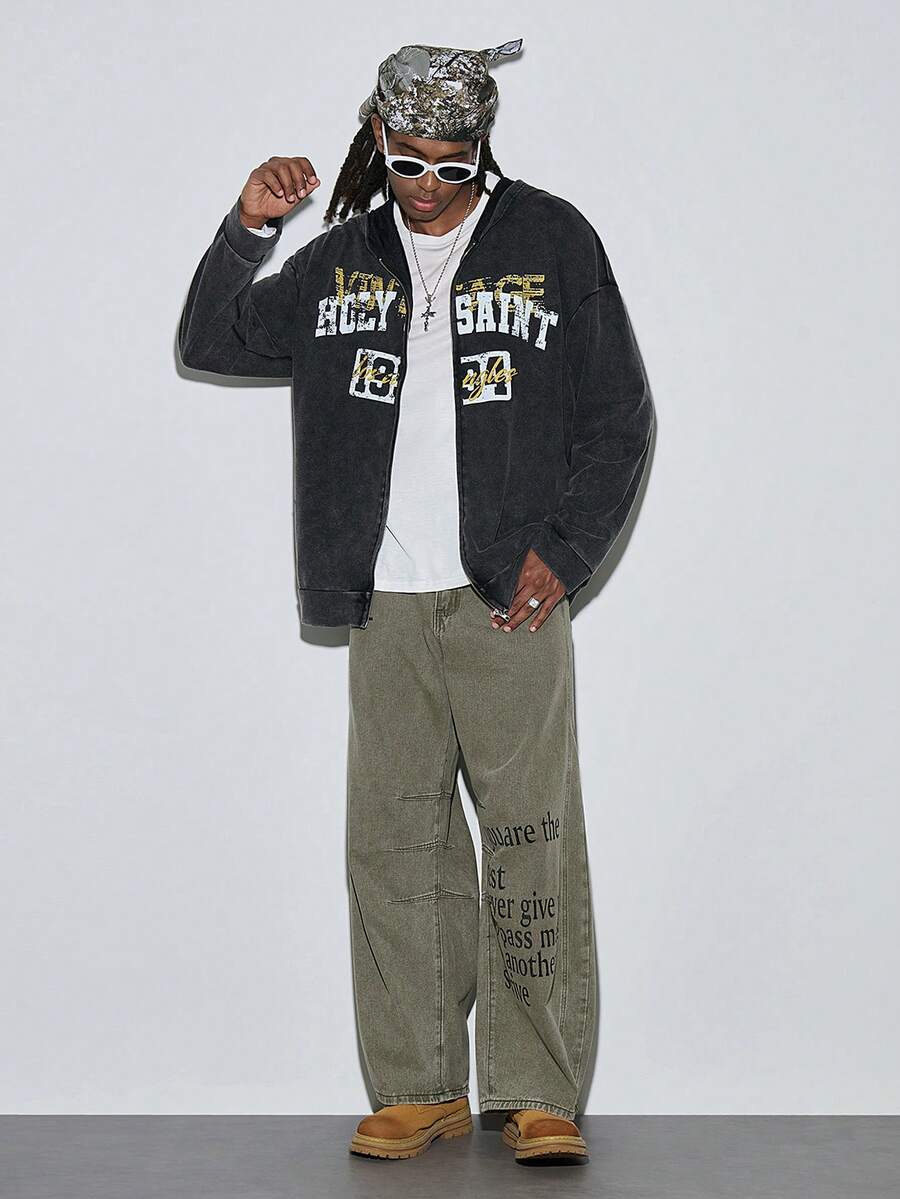 Modcrash Men's Letter & Graphic Printed Zip-Up Hoodie, Spring/Fall - Black - View 1