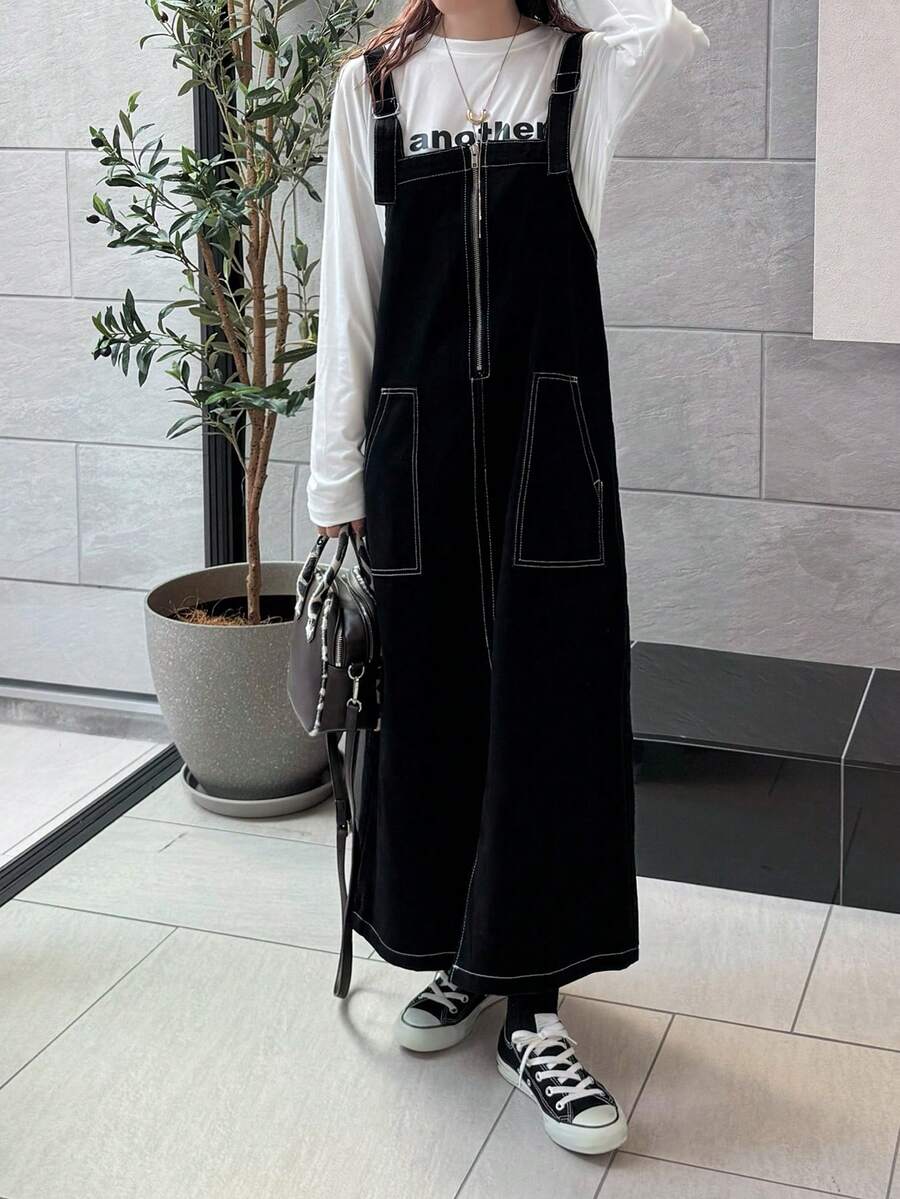 FRIFUL 女式纯色休闲牛仔连衣裙 - 黑色 - 查看 1