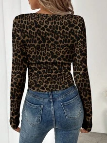 SHEIN LUNE 女士休闲豹纹长袖T恤，适合秋冬打底 - 彩色 - 查看 2