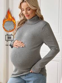 SHEIN Maternity Solid Color Long Sleeve Sweater Pregnancy Shirts Maternity Clothes Winter Maternity Clothes Maternity Turtleneck Maternity Shirt - Grey - View 1