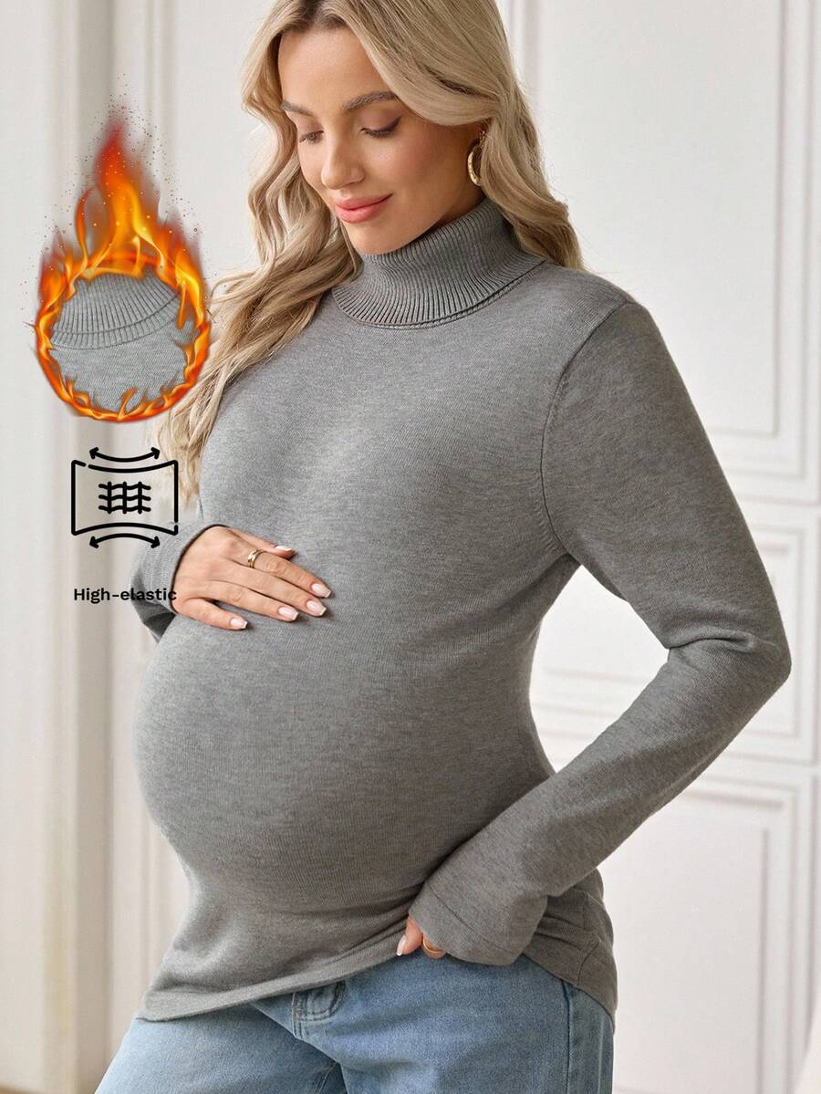 SHEIN Maternity Solid Color Long Sleeve Sweater Pregnancy Shirts Maternity Clothes Winter Maternity Clothes Maternity Turtleneck Maternity Shirt - Grey - View 1