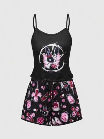 Kawaii Gothic Hase & Pentagramm Muster Trägerhemd & Shorts Pyjama Set, Lässig Nachtwäsche