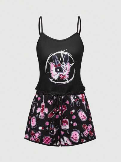 Kawaii Gothic Bunny & Pentagram Print Camisole & Shorts Pajama Set, Casual Sleepwear