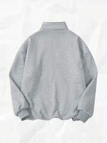 Attitoon Casual Street Punk Y2K Style Grey & Black Wing Pattern Print Loose Fit Half Zip High Neck Fleece Sweatshirt, Comfortable For Autumn/Winter Graphic - Grey - View 3