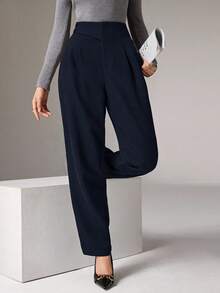 Heiryn Women's Button Design Pleated Loose Straight Leg Pants - Navy Blue - View 2