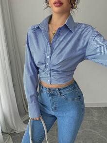 Elenzga Women Casual Striped Ruffle Hem Long Sleeve Blouse, Spring Cropped Shirts Cropped Button Up Striped Cropped Shirt Jeans Top Fall Cloth For Women - Royal Blue - View 3