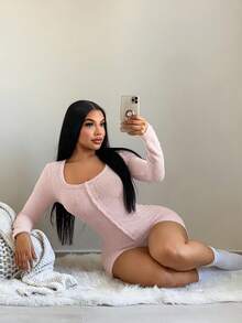 SHEIN SXY Women's U-Neck Front Button Khaki Bodysuit With Long Sleeves,Fall ,Winter, - Khaki - View 6