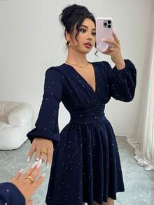 Elenzga 全新 V 领纹理金属前褶腰泡泡袖 A 字形设计休闲迷你连衣裙，适合度假、日常穿着、年轻优雅、秋冬 - 寶藍色 - 查看 4