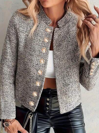 EMERY ROSE Women's Elegant Metal Buckle Decor Open Front Tweed Jacket