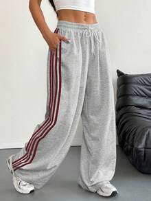 女式红色条纹数码印花松紧腰休闲裤 - 灰色 - 查看 3