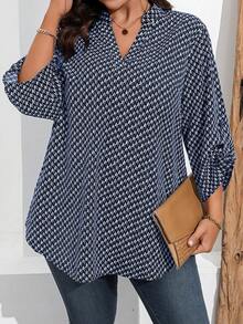 Kemeja Kasual Ukuran Besar untuk Sehari-hari dengan Motif Cetak Seluruh Permukaan dan Kerah Berlekuk, Musim Gugur - Navy Blue - View 3
