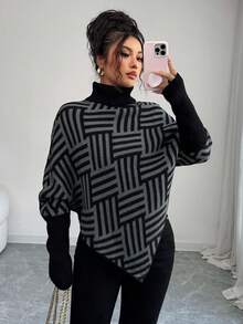 Elenzga Women's Elegant High Neck Geometric Textured Poncho Sweater, Colorblock, Suitable For Home & Travel, Spring/Autumn