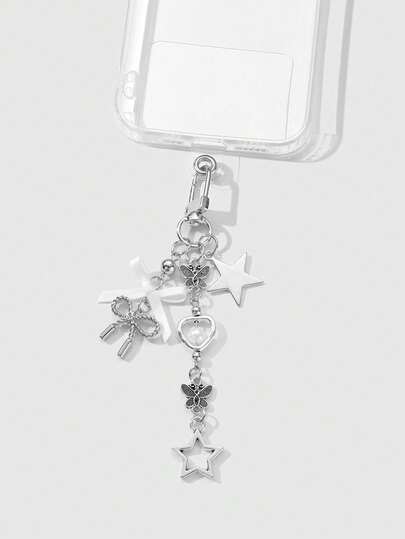 Kawaii 1pc Y2K Fashion Elegant Casual Versatile High-Quality Silver Ball Chain Bow, Heart, Star, Bow Knot, Pearl Decor DIY Keychain, Bag Charm, Phone Charm, Cup Hanger, Comes With Phone Holder & Heart Sticker Accessories, Suitable For Women, Gift