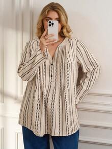 EMERY ROSE Áo sơ mi cổ khoét sọc thường ngày cỡ lớn, mùa thu - Màu be - Xem 6