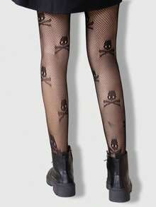 ROMWE Goth Spider Web Pattern Mesh Tights, Halloween - Skull black - View 2