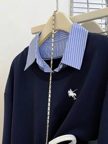 INAWLY Plus Size Casual Patchwork Striped 2 In 1 Embroidered Knight Sweatshirt, Autumn - Navy Blue - View 4