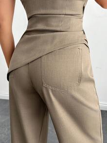 EURMUSE “优雅无肩带两件套，采用不对称垂褶胸衣上衣和高腰阔腿裤——女士时尚晚装套装” - 棕色 - 查看 5