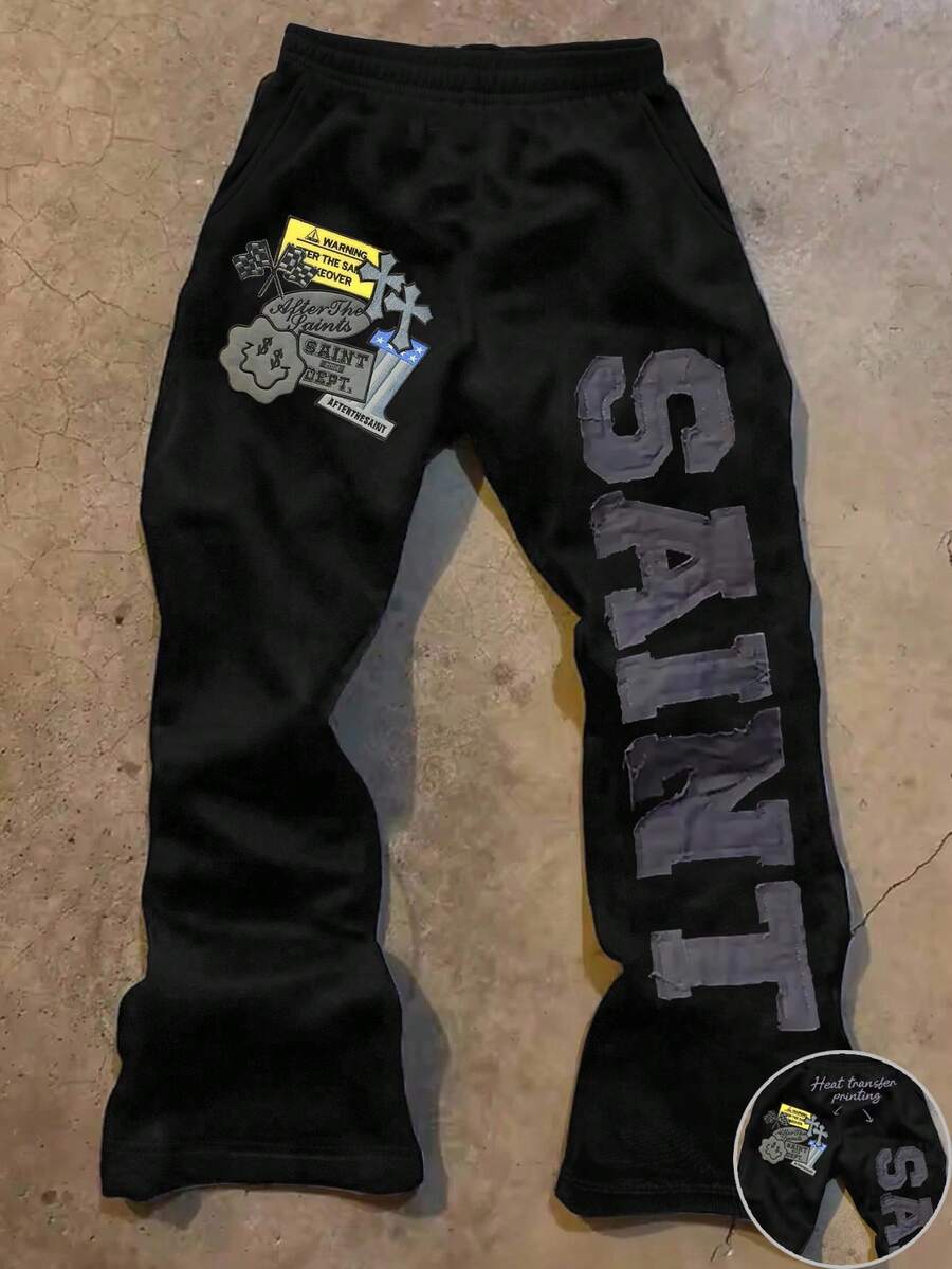 Glimmora Men's Letter Applique Elastic Waist Loose Casual Sweatpants - Black - View 1
