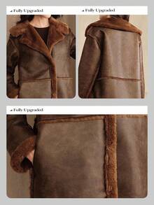 Anewsta Women's Faux Fur Collar Zip-Up Long Casual Urban Fashionable Jacket, Autumn/Winter - Brown - View 8