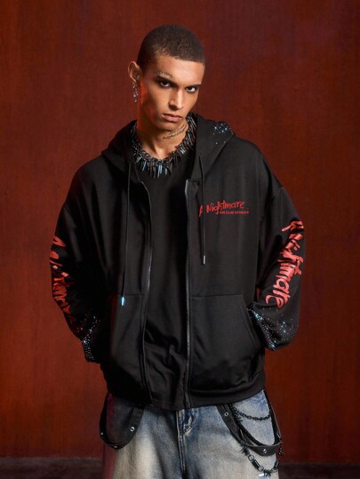 A Nightmare on Elm Street X ROMWE Sudadera con gráfico de letras y adornos de rhinestone, adecuada para otoño/invierno