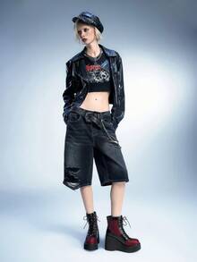 Sugerpunk 女士派对红色网眼厚底坡跟踝靴，哥特式金属骷髅蜘蛛装饰黑红面料朋克风格厚底高跟俱乐部短靴 - 紅色 - 查看 5