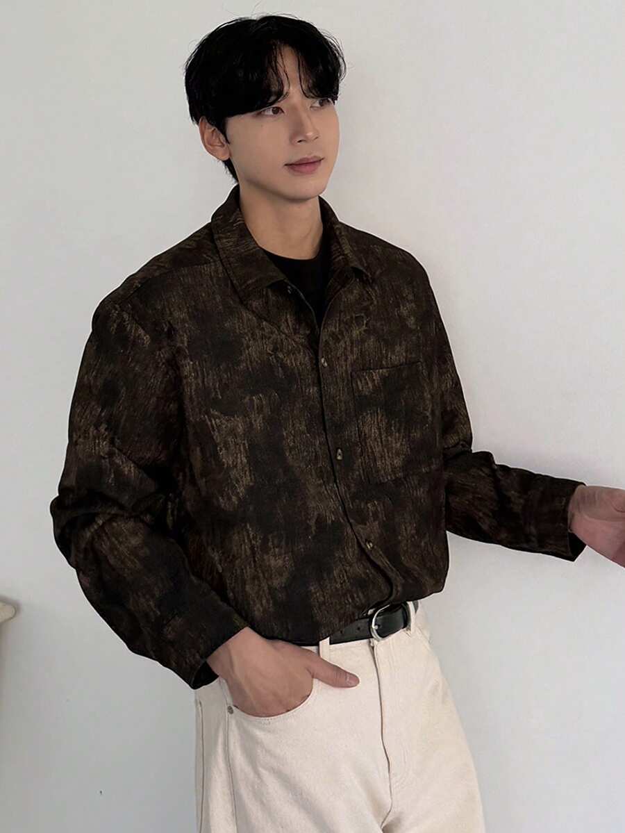 DAZY 男士纯棕色染色面料衬衫，秋季 - 棕色 - 查看 1