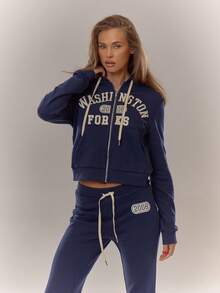 MUSERA Applique "Washington Forks" Zip Through Hoodie Tracksuit Top Only Winter Cute Casual Cosy - Navy Blue - View 5