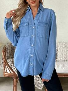 SHEIN 孕妇纯色休闲长袖牛仔衬衫 - 淺色水洗藍 - 查看 6