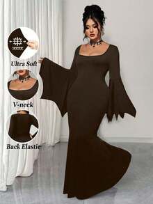 EMERY ROSE Plus Size Women Gothic Style Witch Dress, Vintage Batwing Sleeve Scoop Neck Robe, New Halloween Mermaid Tail Elastic Long Robe - Coffee Brown - View 1