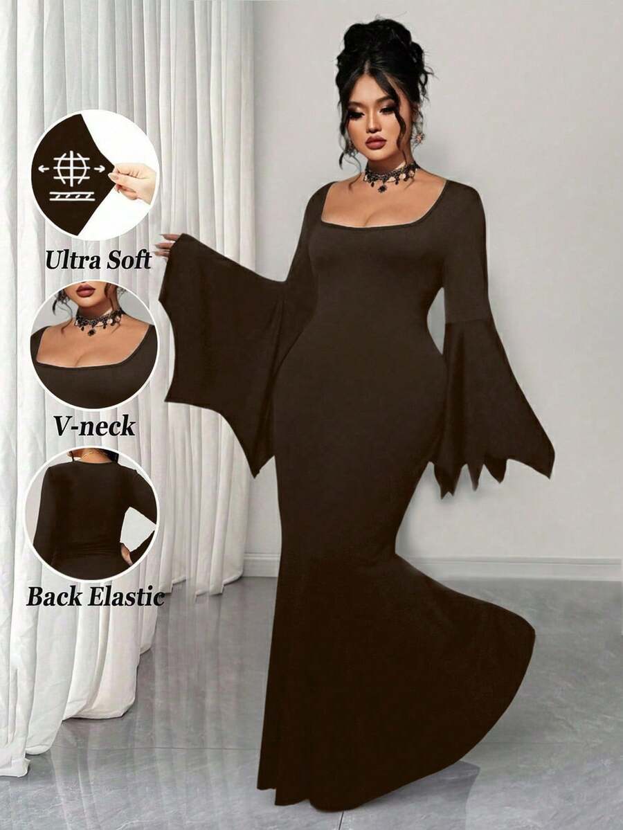 EMERY ROSE Plus Size Women Gothic Style Witch Dress, Vintage Batwing Sleeve Scoop Neck Robe, New Halloween Mermaid Tail Elastic Long Robe - Coffee Brown - View 1