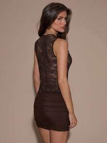 SHEIN BAE Women's Brown Floral Lace Dress,70s Summer Party Outfit,Round Neck Wide Strap Sleeveless Fitted Elegant Formal Cocktail Graduation Dress - Brown - View 2