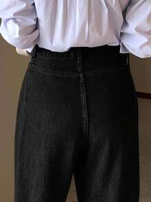 DAZY High Waist Washed Blue Pleated Wide Leg Jeans, Loose & Versatile Denim Pants For Autumn/Winter - Black - View 3