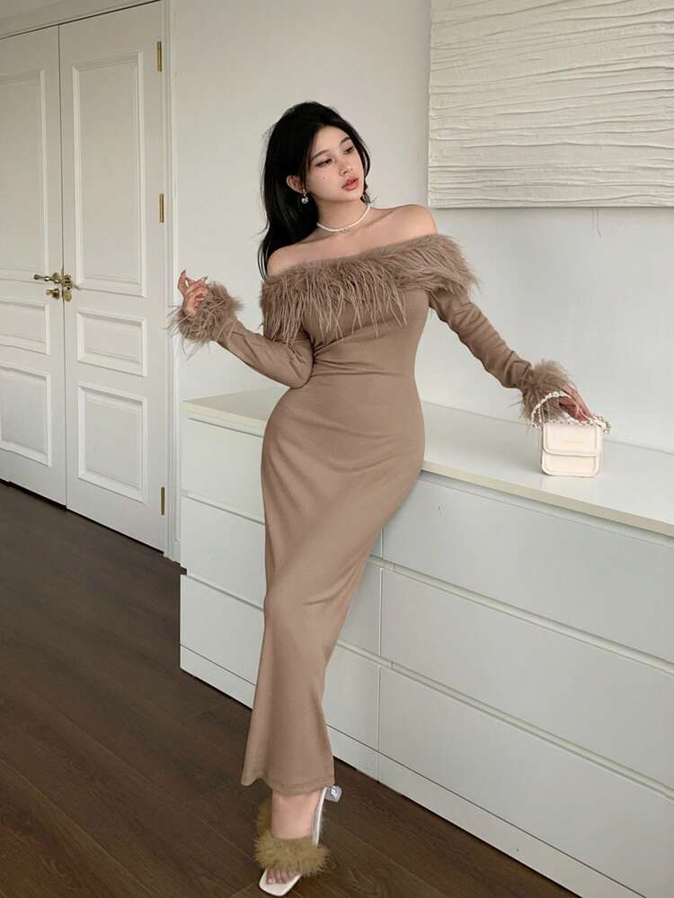 Feyla فستان طويل أنيق بأكمام طويلة وأكتاف مكشوفة وقصة مفصلة من القماش الناعم والمنفوش للنساء - بني - مشاهدة 4