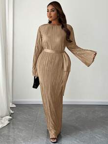 Maweii Đầm Maxi Cổ Tròn Tay Dài Buộc Eo Màu Trơn Cỡ Lớn Trang Phục Thường Ngày Tối Giản Cho Nữ - Màu Khaki - Xem 4