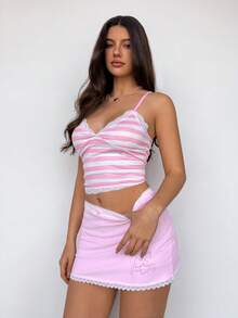 Sweetina Women's Pink Cute Striped Lace Trim Fitted Camisole, Summer Sweetheart Pink Tops - Multicolor - View 3