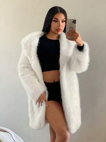 SHEIN SXY 女士时尚优雅白色仿毛领外套，秋冬季 - 白色 - 查看 5
